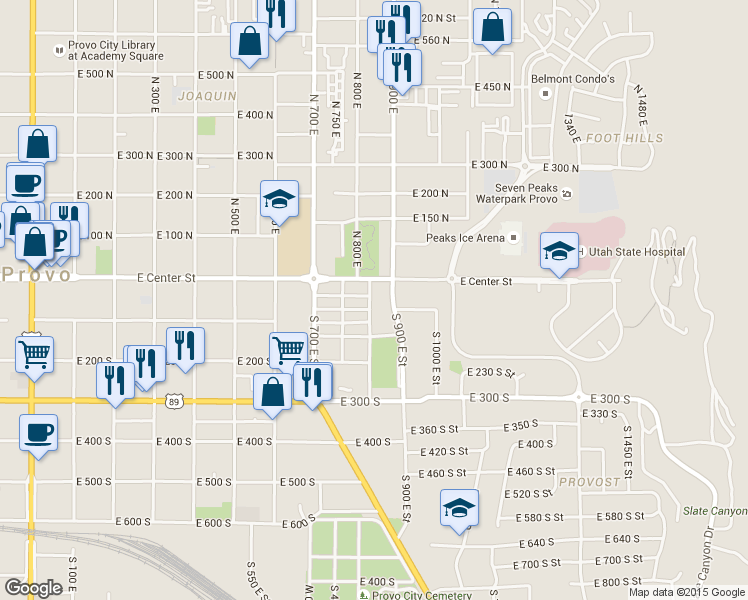 map of restaurants, bars, coffee shops, grocery stores, and more near 52 South 900 East Street in Provo