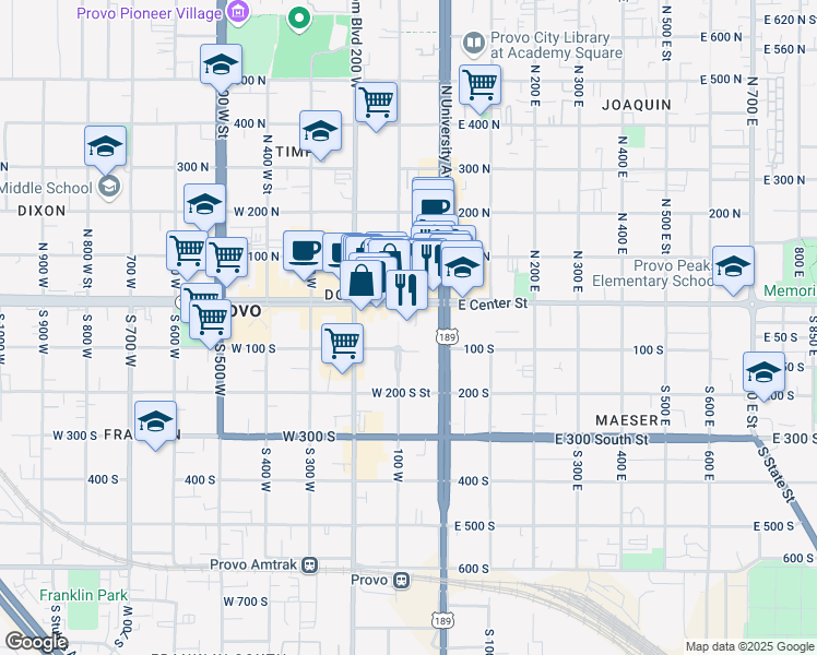 map of restaurants, bars, coffee shops, grocery stores, and more near 75 West Center Street in Provo