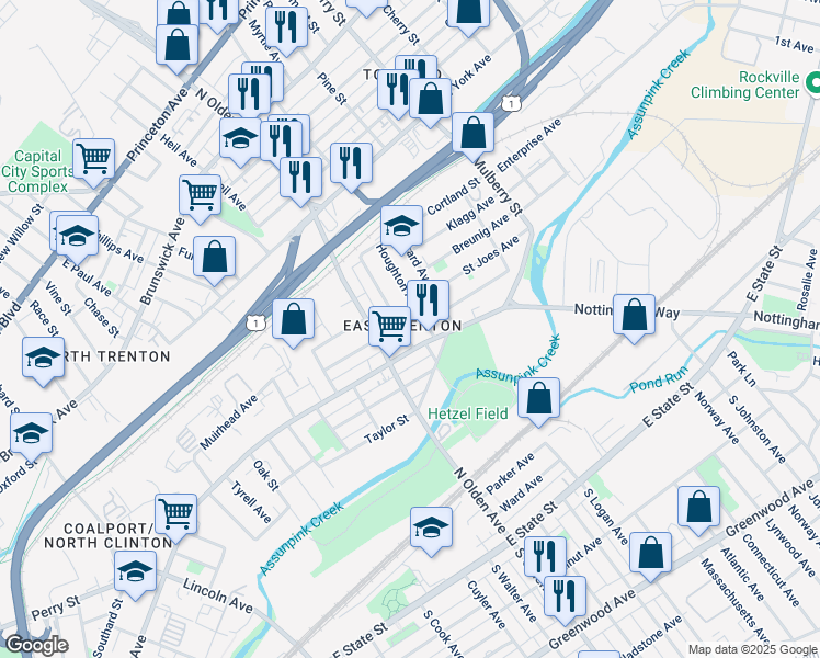 map of restaurants, bars, coffee shops, grocery stores, and more near 26 Sherman Avenue in Trenton