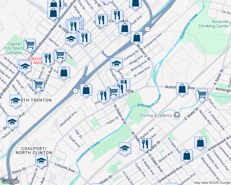 map of restaurants, bars, coffee shops, grocery stores, and more near 26 Sherman Avenue in Trenton