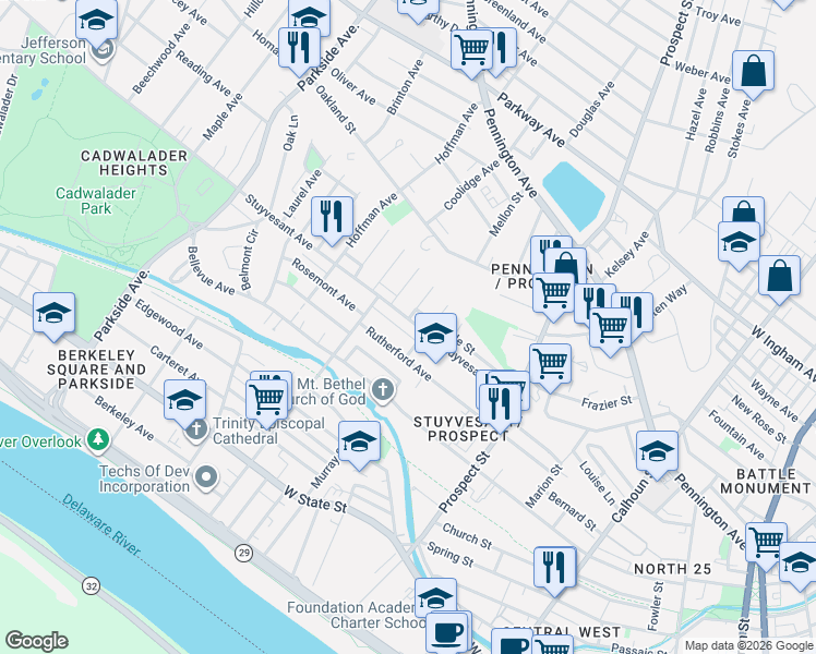 map of restaurants, bars, coffee shops, grocery stores, and more near 616 Stuyvesant Avenue in Trenton