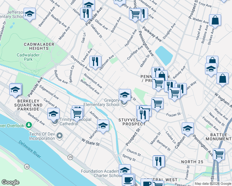 map of restaurants, bars, coffee shops, grocery stores, and more near 616 Stuyvesant Avenue in Trenton