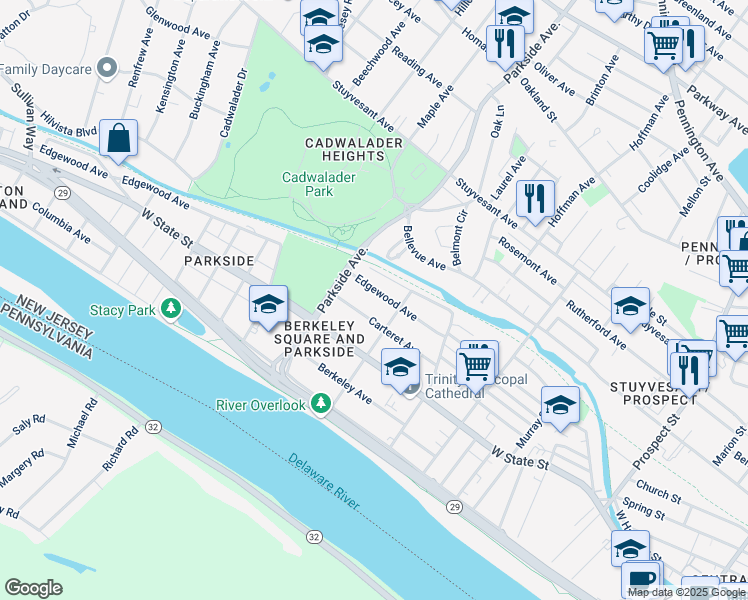 map of restaurants, bars, coffee shops, grocery stores, and more near 921 Edgewood Avenue in Trenton