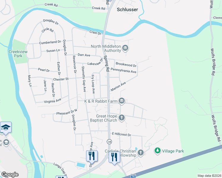 map of restaurants, bars, coffee shops, grocery stores, and more near 1917 Pennsylvania 34 in Carlisle