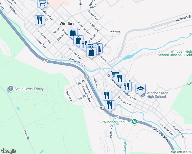 map of restaurants, bars, coffee shops, grocery stores, and more near Bestform Way in Windber