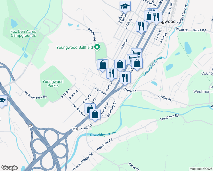 map of restaurants, bars, coffee shops, grocery stores, and more near 507 South 5th Street in Youngwood