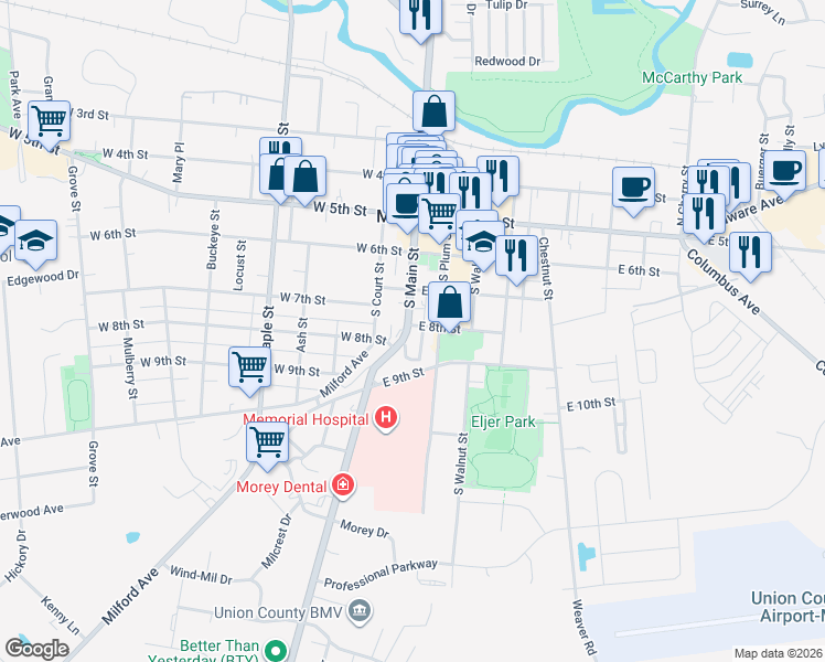 map of restaurants, bars, coffee shops, grocery stores, and more near 404 South Main Street in Marysville