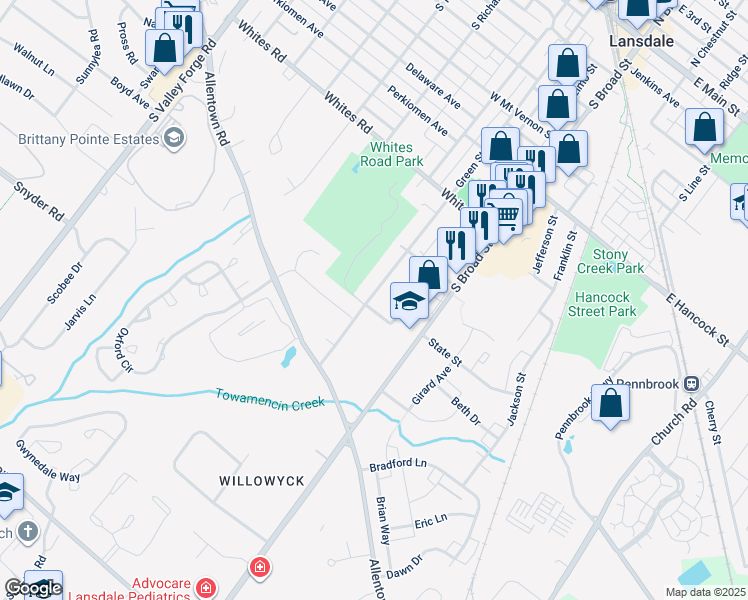 map of restaurants, bars, coffee shops, grocery stores, and more near 725 Green Street in Lansdale