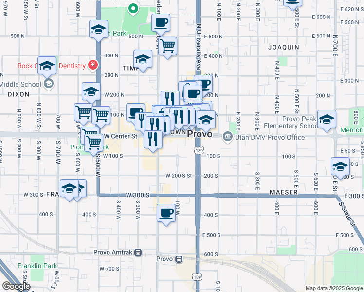 map of restaurants, bars, coffee shops, grocery stores, and more near 75 West Center Street in Provo