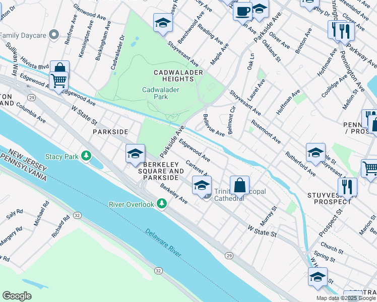 map of restaurants, bars, coffee shops, grocery stores, and more near 921 Edgewood Avenue in Trenton