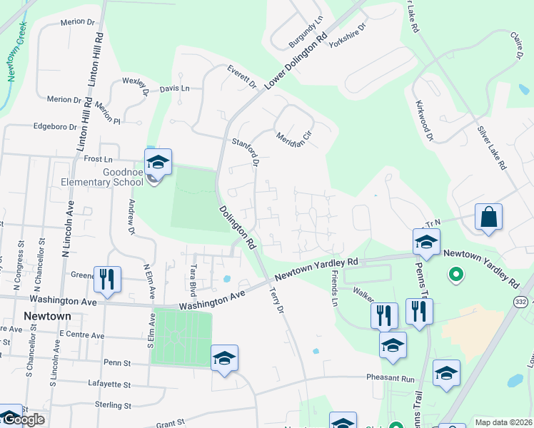 map of restaurants, bars, coffee shops, grocery stores, and more near 381 Milford Court in Newtown