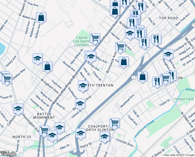 map of restaurants, bars, coffee shops, grocery stores, and more near 15 Chase Court in Trenton