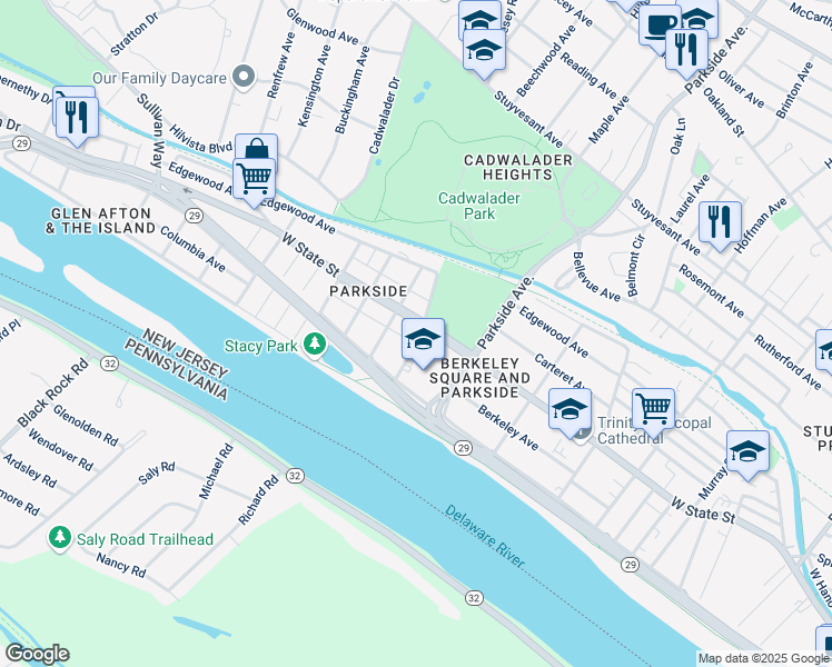 map of restaurants, bars, coffee shops, grocery stores, and more near 1101 West State Street in Trenton