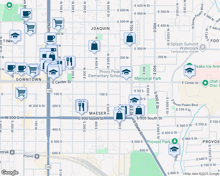 map of restaurants, bars, coffee shops, grocery stores, and more near 49 South 500 East in Provo