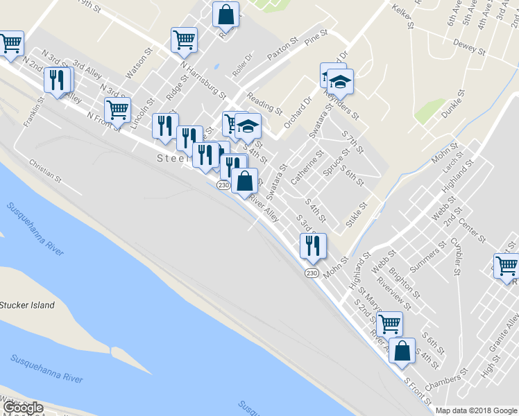 map of restaurants, bars, coffee shops, grocery stores, and more near 193 South Front Street in Harrisburg