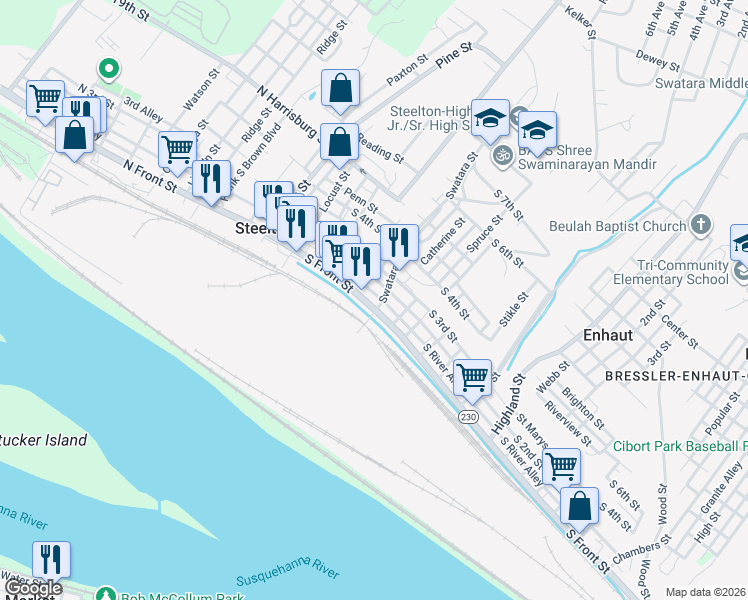 map of restaurants, bars, coffee shops, grocery stores, and more near 214 South 2nd Street in Steelton