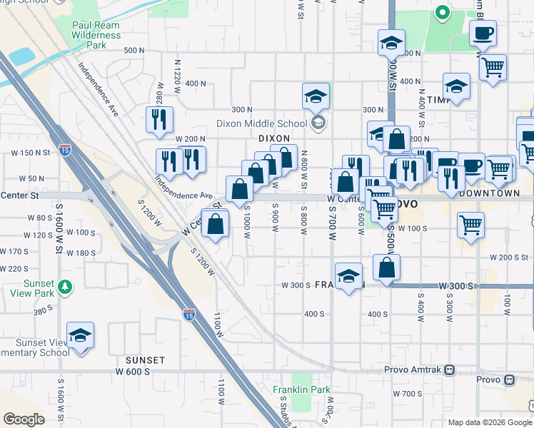 map of restaurants, bars, coffee shops, grocery stores, and more near 40 South 900 West in Provo