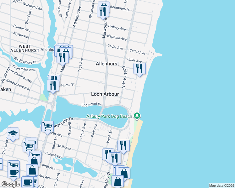 map of restaurants, bars, coffee shops, grocery stores, and more near 209 Euclid Avenue in Allenhurst