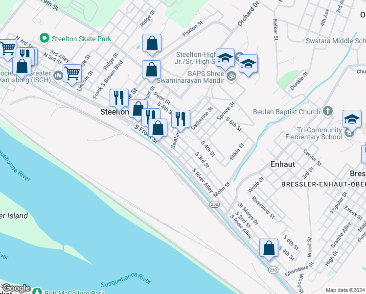 map of restaurants, bars, coffee shops, grocery stores, and more near 233 South 2nd Street in Steelton