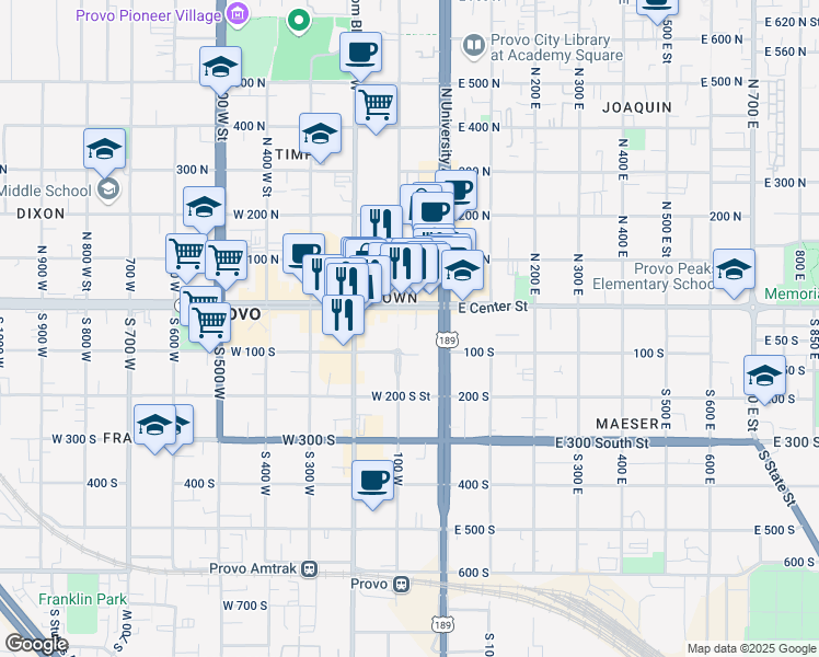 map of restaurants, bars, coffee shops, grocery stores, and more near 75 West Center Street in Provo