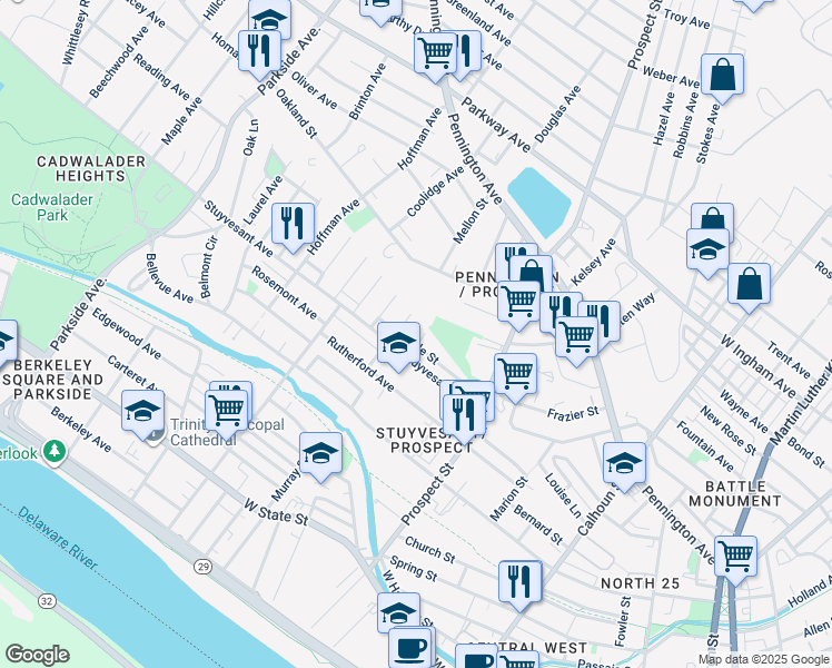 map of restaurants, bars, coffee shops, grocery stores, and more near 29 Adam Avenue in Trenton