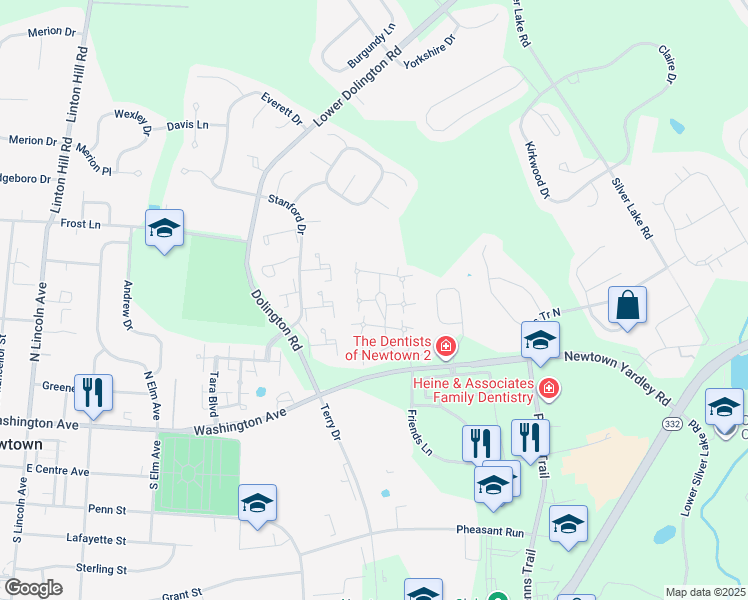 map of restaurants, bars, coffee shops, grocery stores, and more near 1 Farmington Place in Newtown