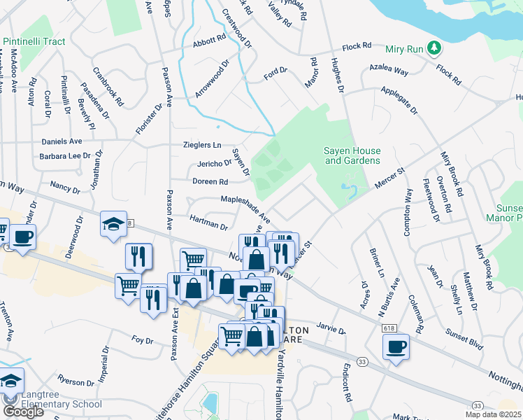 map of restaurants, bars, coffee shops, grocery stores, and more near 108 Mapleshade Avenue in Hamilton Township