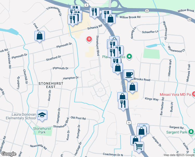 map of restaurants, bars, coffee shops, grocery stores, and more near 63 Stonehurst Boulevard in Freehold