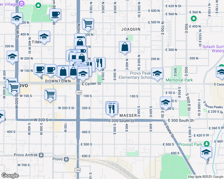 map of restaurants, bars, coffee shops, grocery stores, and more near 40 South 300 East in Provo