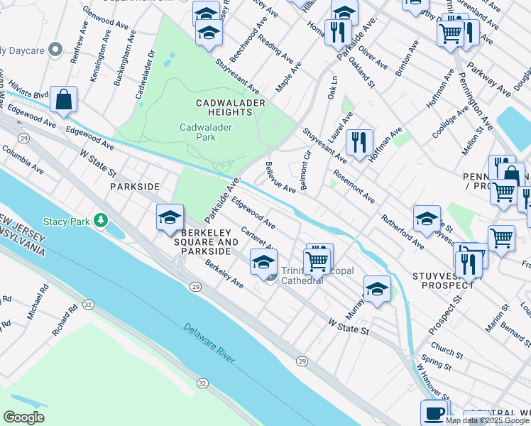 map of restaurants, bars, coffee shops, grocery stores, and more near 900 Edgewood Avenue in Trenton