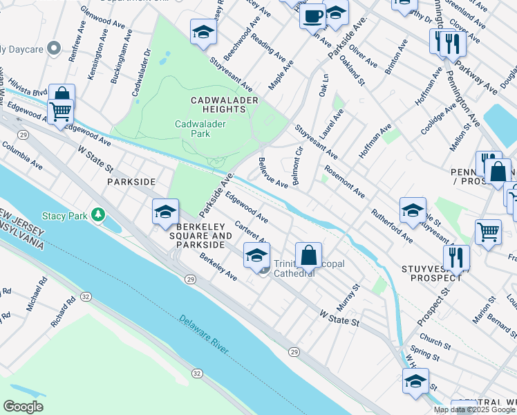 map of restaurants, bars, coffee shops, grocery stores, and more near 900 Edgewood Avenue in Trenton