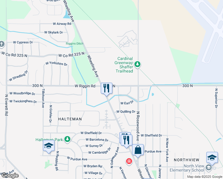 map of restaurants, bars, coffee shops, grocery stores, and more near 4800 North Hollywood Avenue in Muncie