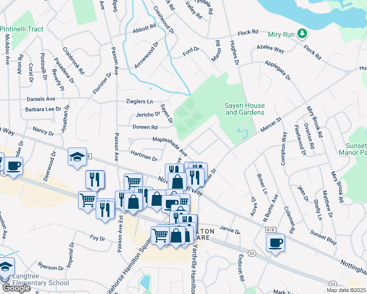 map of restaurants, bars, coffee shops, grocery stores, and more near 108 Mapleshade Avenue in Hamilton Township