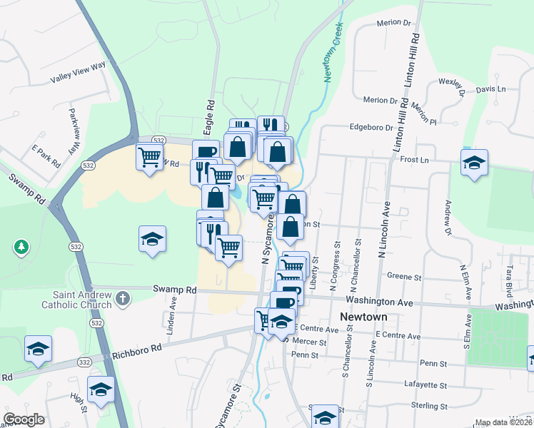 map of restaurants, bars, coffee shops, grocery stores, and more near 204 North Sycamore Street in Newtown
