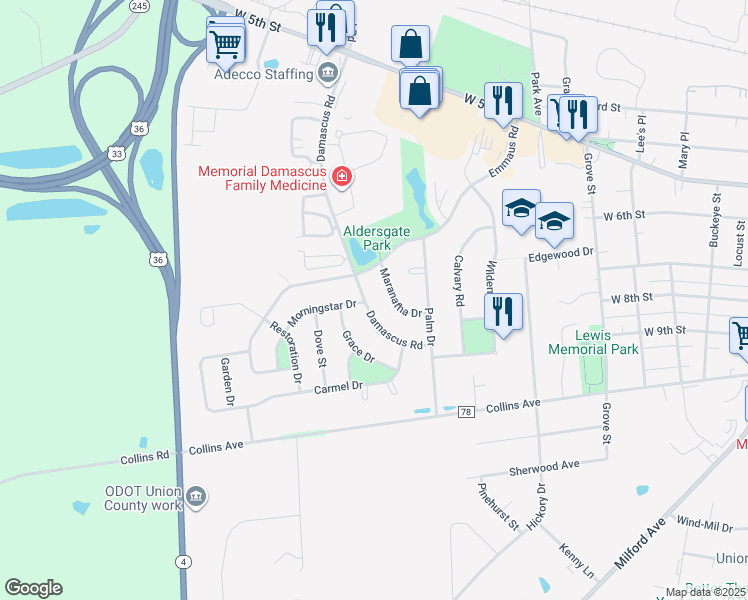map of restaurants, bars, coffee shops, grocery stores, and more near 414 Damascus Road in Marysville