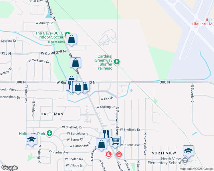 map of restaurants, bars, coffee shops, grocery stores, and more near 4801-4899 North Maplewood Avenue in Muncie