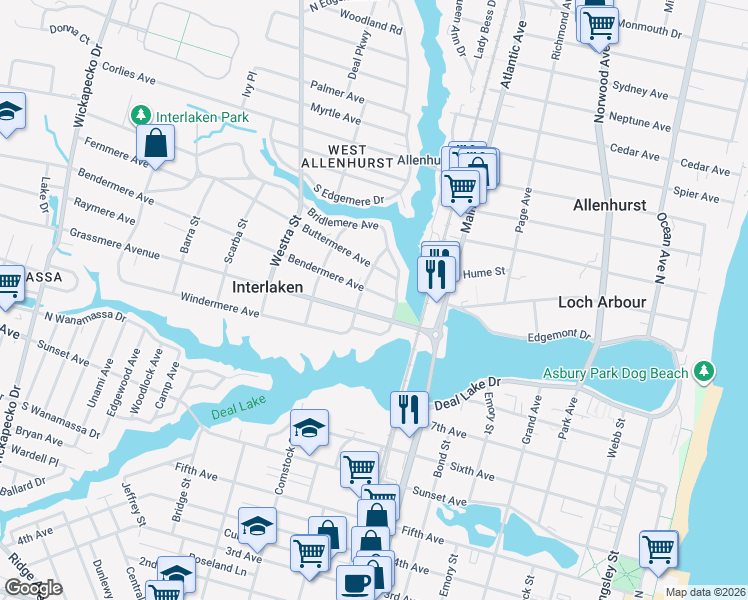 map of restaurants, bars, coffee shops, grocery stores, and more near 10 Bridlemere Avenue in Interlaken