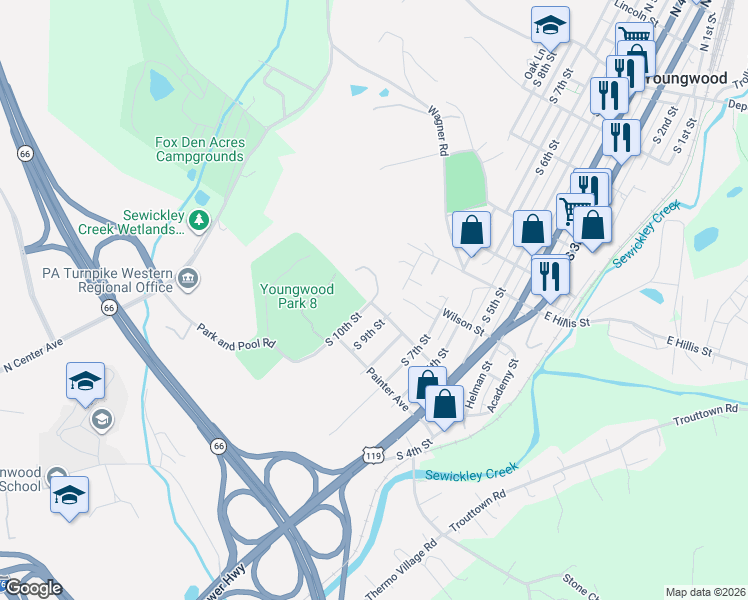 map of restaurants, bars, coffee shops, grocery stores, and more near 702 South 10th Street in Youngwood