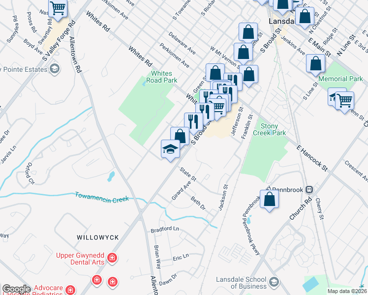map of restaurants, bars, coffee shops, grocery stores, and more near 704 S Broad St in Lansdale