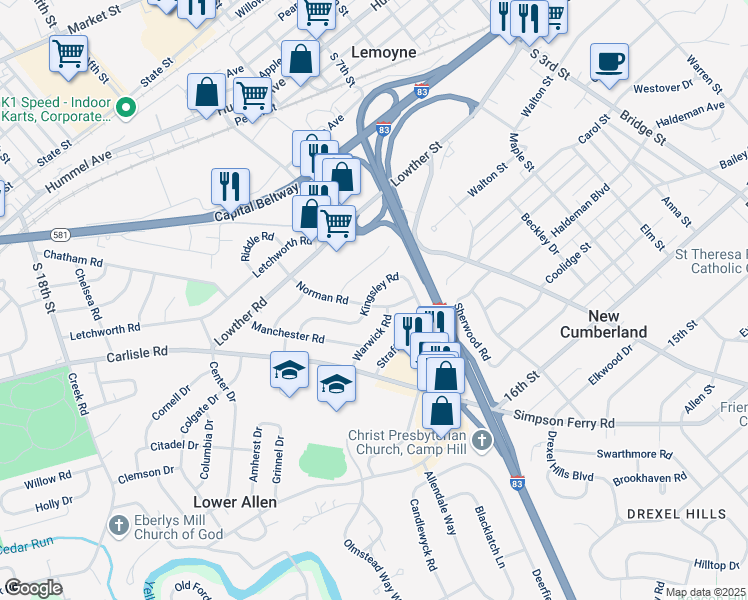 map of restaurants, bars, coffee shops, grocery stores, and more near 400 Norman Road in Camp Hill