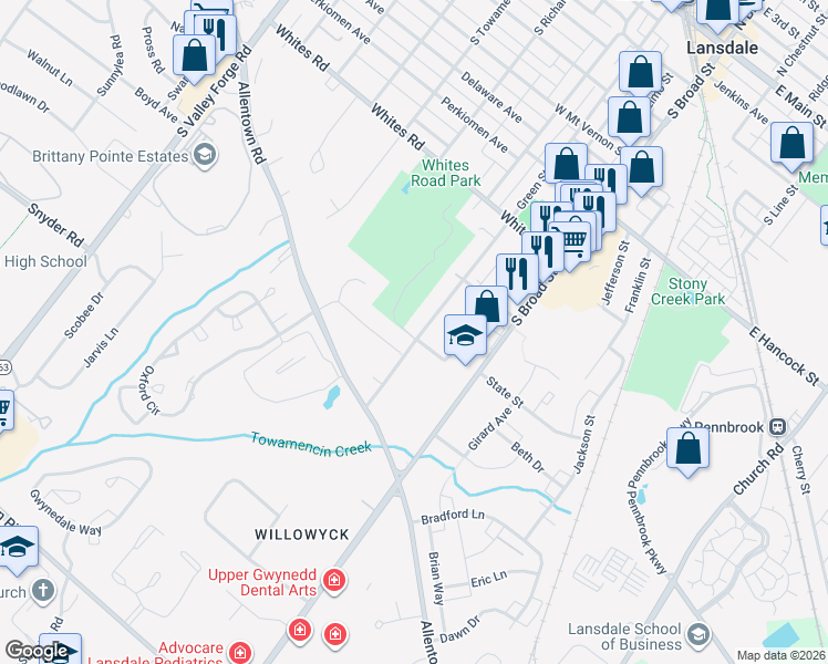 map of restaurants, bars, coffee shops, grocery stores, and more near 722 Green Street in Lansdale