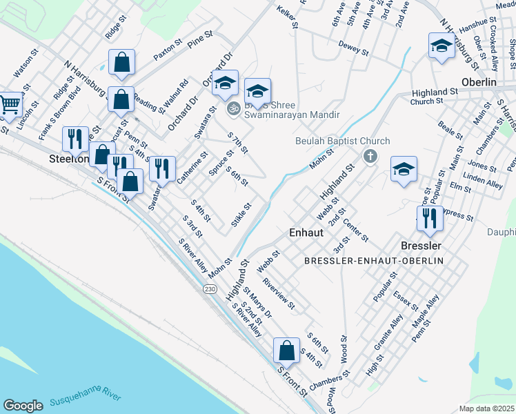 map of restaurants, bars, coffee shops, grocery stores, and more near 501 Mohn Street in Steelton
