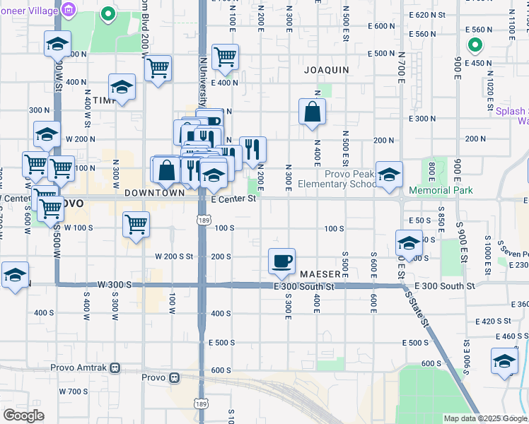 map of restaurants, bars, coffee shops, grocery stores, and more near 150 South 200 East in Provo