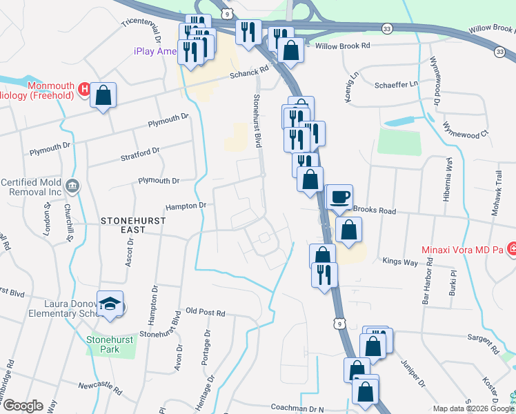 map of restaurants, bars, coffee shops, grocery stores, and more near 63 Stonehurst Boulevard in Freehold