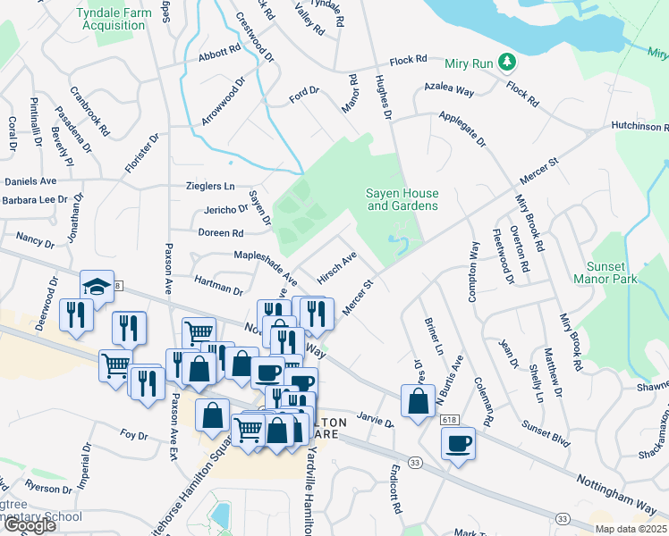 map of restaurants, bars, coffee shops, grocery stores, and more near 57 Hirsch Avenue in Hamilton Township