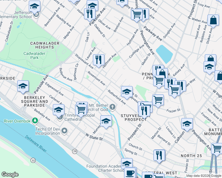 map of restaurants, bars, coffee shops, grocery stores, and more near 586 Rutherford Avenue in Trenton
