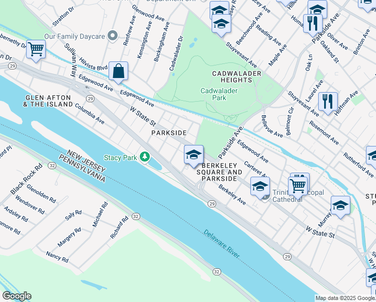 map of restaurants, bars, coffee shops, grocery stores, and more near 1101 West State Street in Trenton