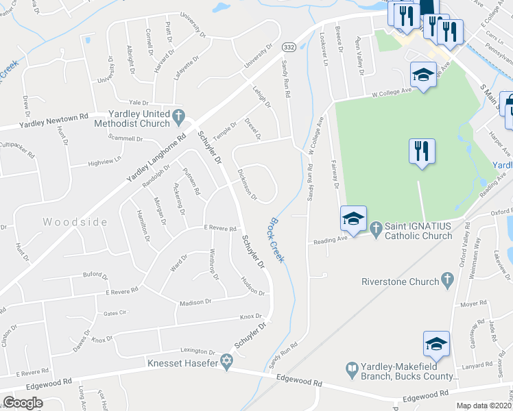 map of restaurants, bars, coffee shops, grocery stores, and more near 1208 Dickinson Drive in Yardley