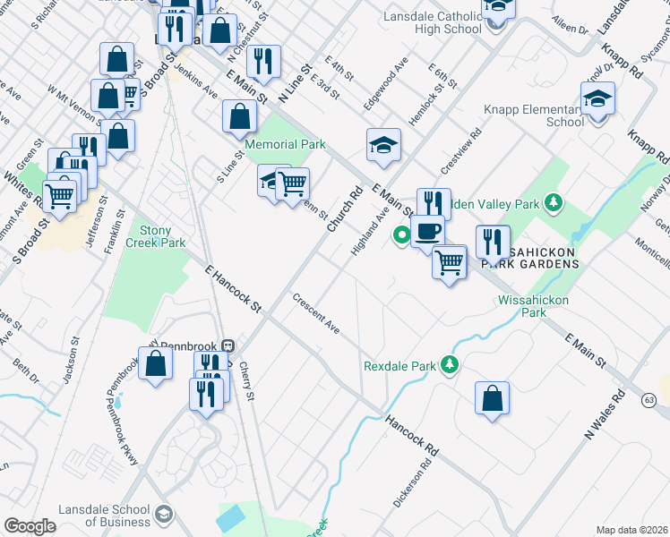 map of restaurants, bars, coffee shops, grocery stores, and more near 202 Highland Avenue in Lansdale