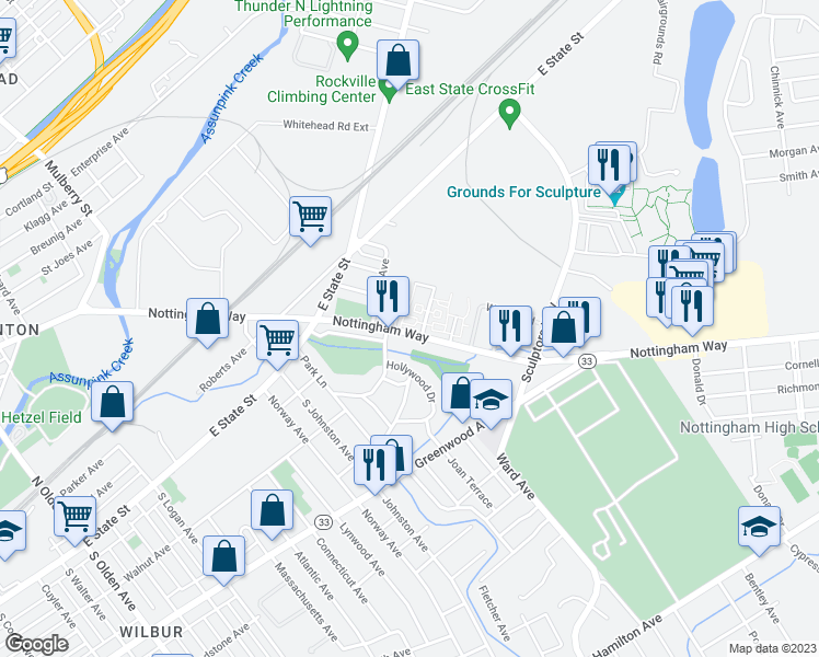 map of restaurants, bars, coffee shops, grocery stores, and more near 1324 Nottingham Way in Hamilton Township